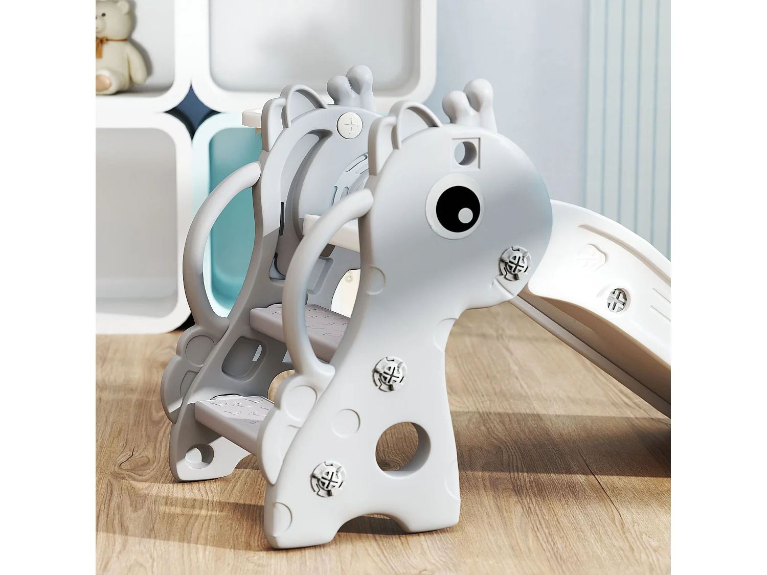 Toboggan enfant design girafon - panier de basket-ball intégré - ballon, pompe inclus - plastique gris blanc