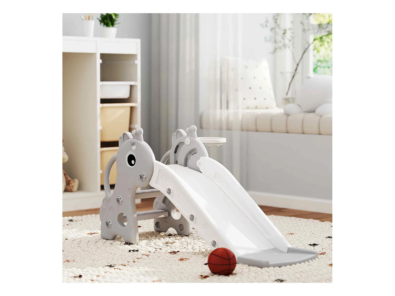 Toboggan enfant design girafon - panier de basket-ball intégré - ballon, pompe inclus - plastique gris blanc