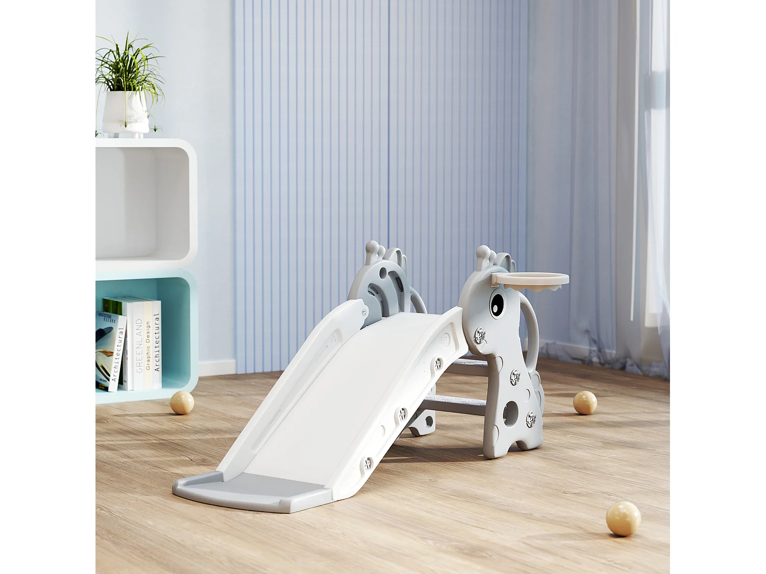 Toboggan enfant design girafon - panier de basket-ball intégré - ballon, pompe inclus - plastique gris blanc