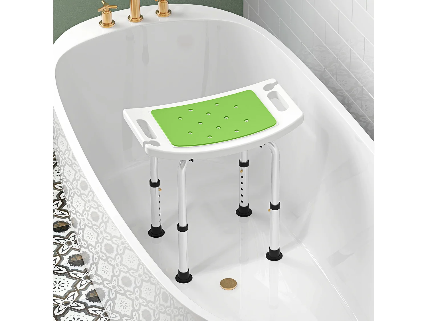 Siège de douche réglable en hauteur tabouret de douche ergonomique pieds antidérapants charge max. 135 Kg alu HDPE blanc vert