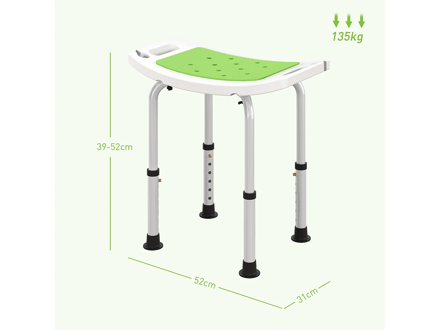 Siège de douche réglable en hauteur tabouret de douche ergonomique pieds antidérapants charge max. 135 Kg alu HDPE blanc vert