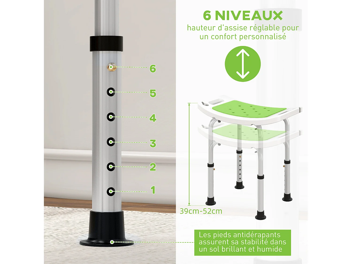 Siège de douche réglable en hauteur tabouret de douche ergonomique pieds antidérapants charge max. 135 Kg alu HDPE blanc vert