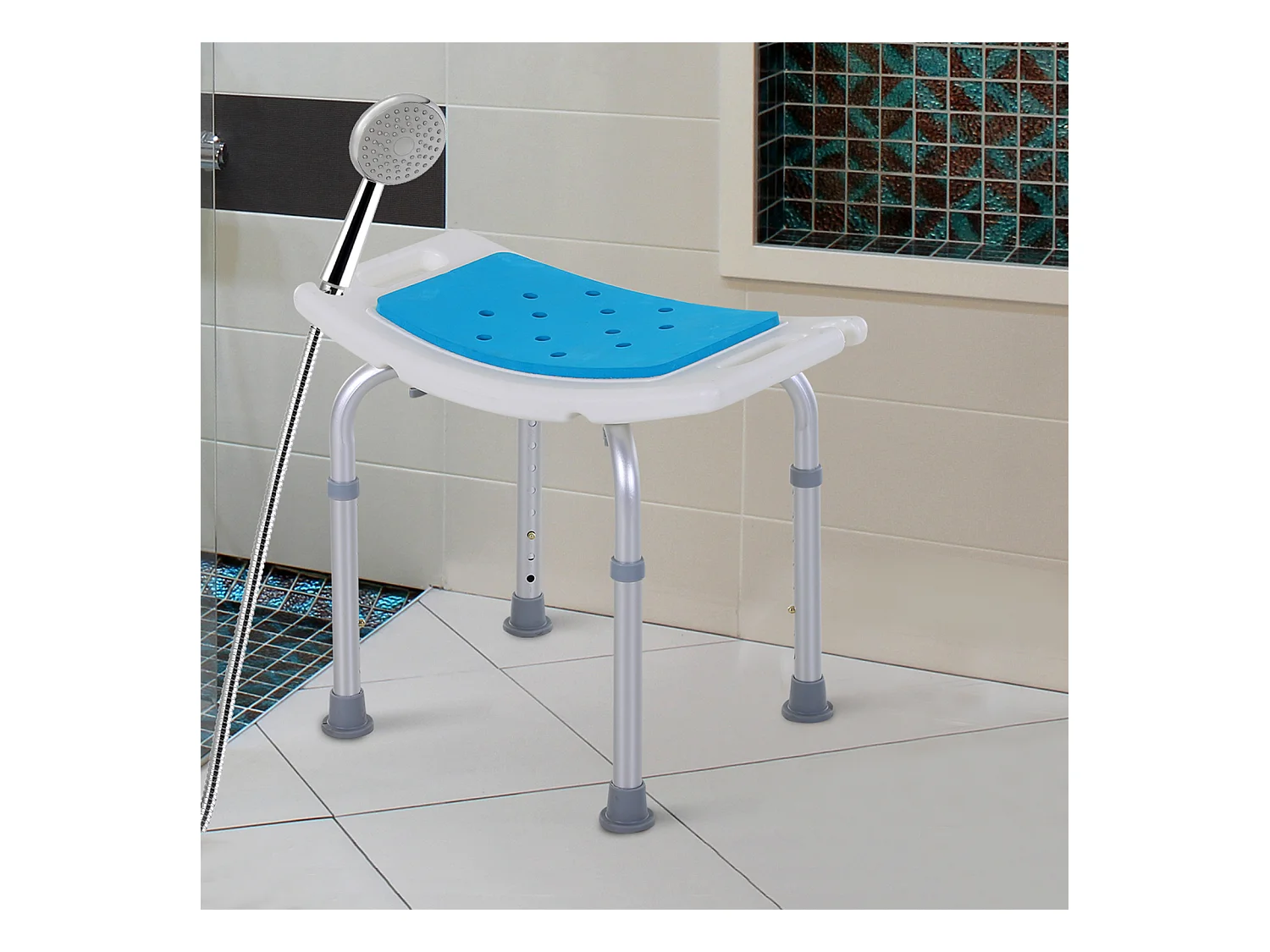 Siège de douche réglable en hauteur tabouret de douche ergonomique pieds antidérapants charge max. 135 Kg alu HDPE blanc bleu