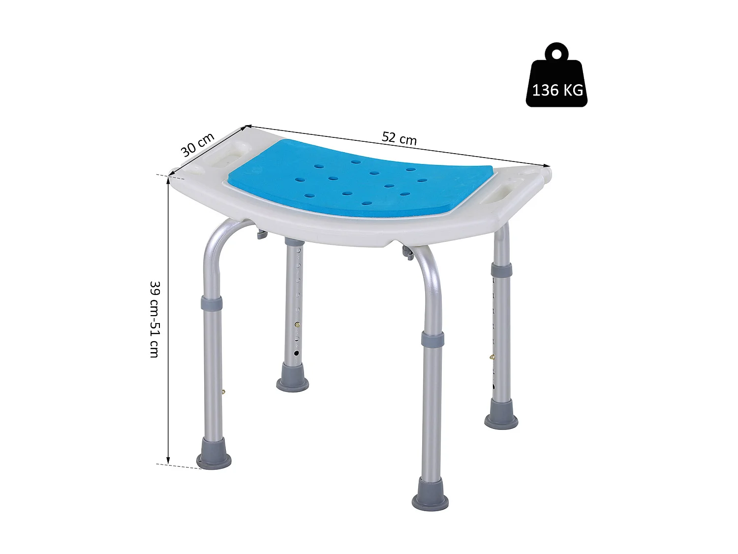Siège de douche réglable en hauteur tabouret de douche ergonomique pieds antidérapants charge max. 135 Kg alu HDPE blanc bleu