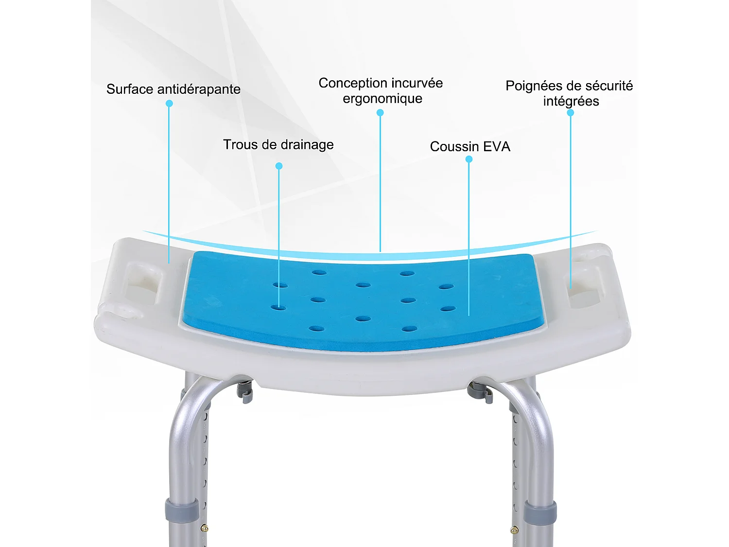 Siège de douche réglable en hauteur tabouret de douche ergonomique pieds antidérapants charge max. 135 Kg alu HDPE blanc bleu