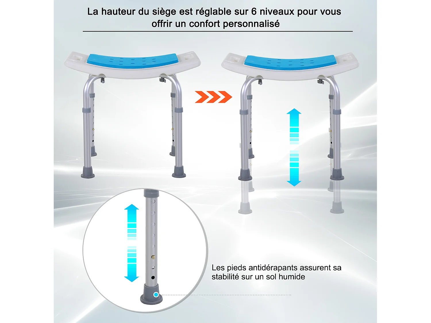 Siège de douche réglable en hauteur tabouret de douche ergonomique pieds antidérapants charge max. 135 Kg alu HDPE blanc bleu