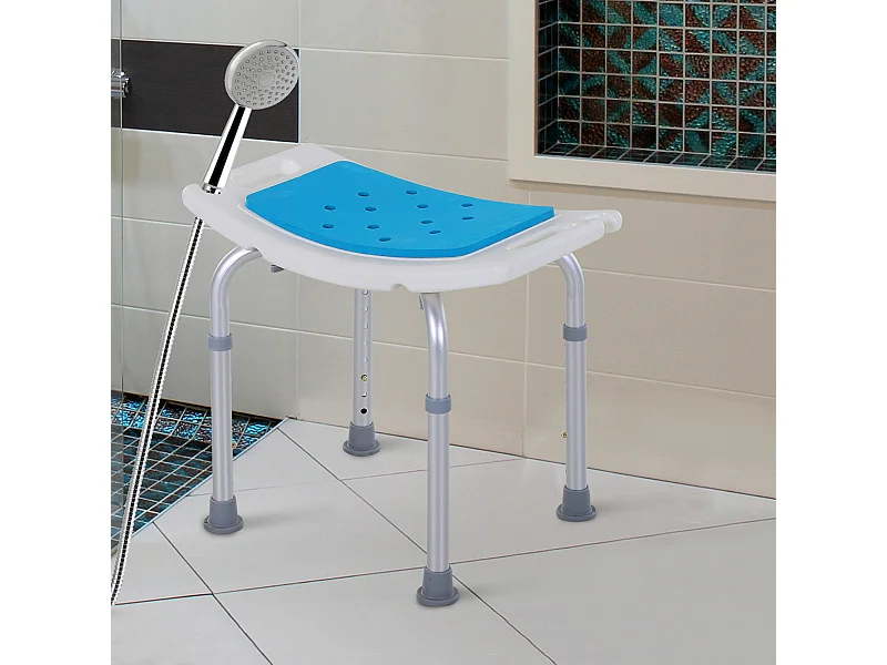 Siège de douche réglable en hauteur tabouret de douche ergonomique pieds antidérapants charge max. 135 Kg alu HDPE blanc bleu