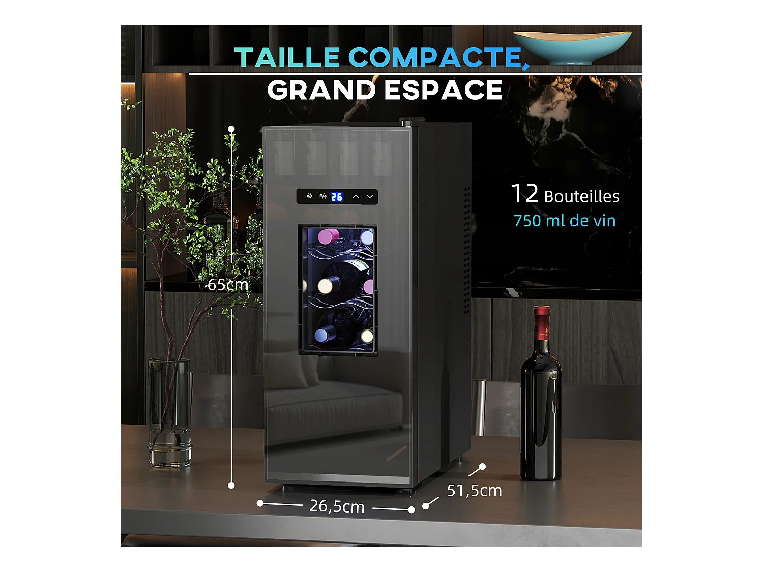 Cave à vin 12 bouteilles 30L thermoélectrique silencieuse - porte verre, éclairage LED, écran tactile numérique - noir