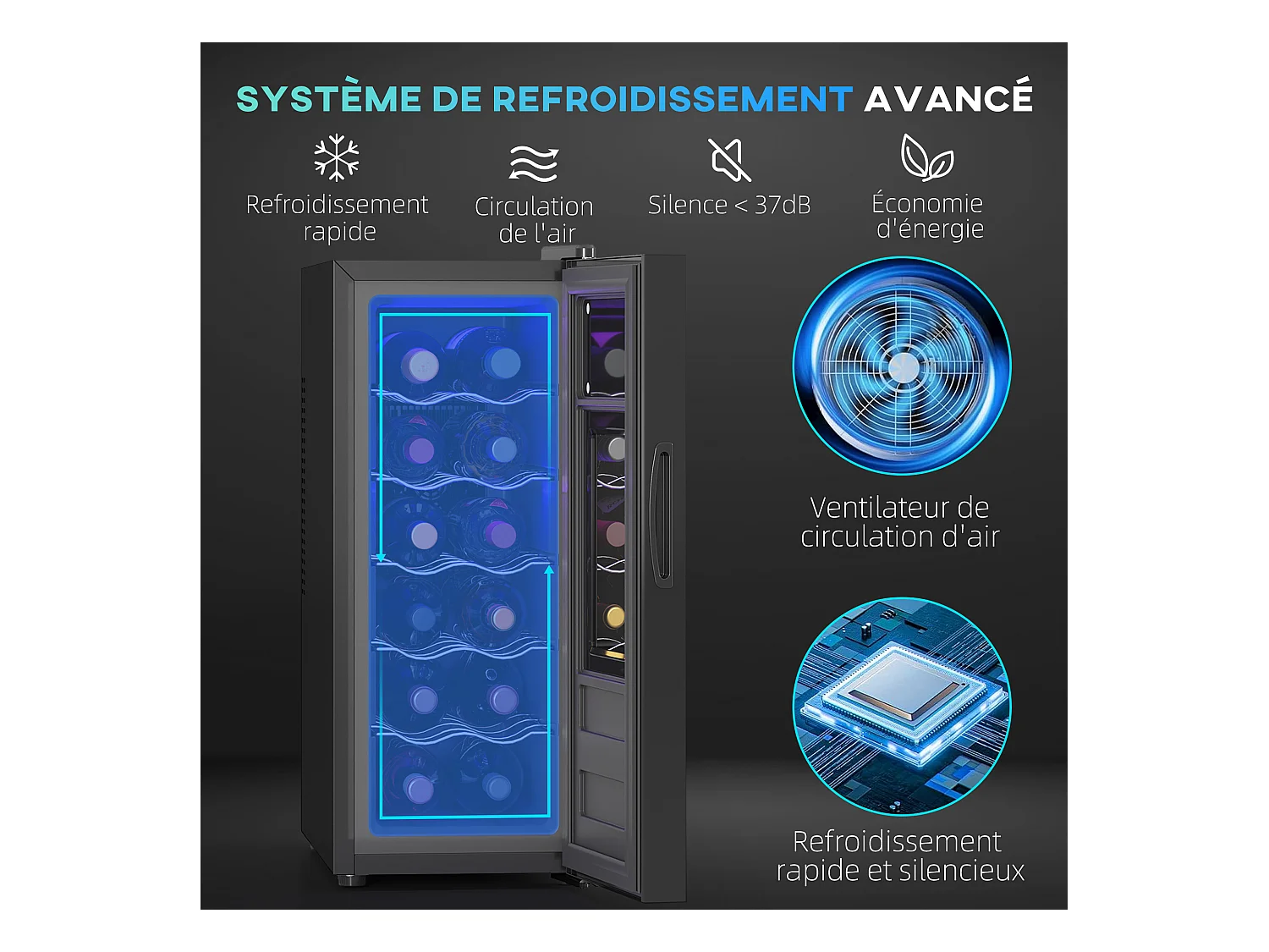 Cave à vin 12 bouteilles 30L thermoélectrique silencieuse - porte verre, éclairage LED, écran tactile numérique - noir