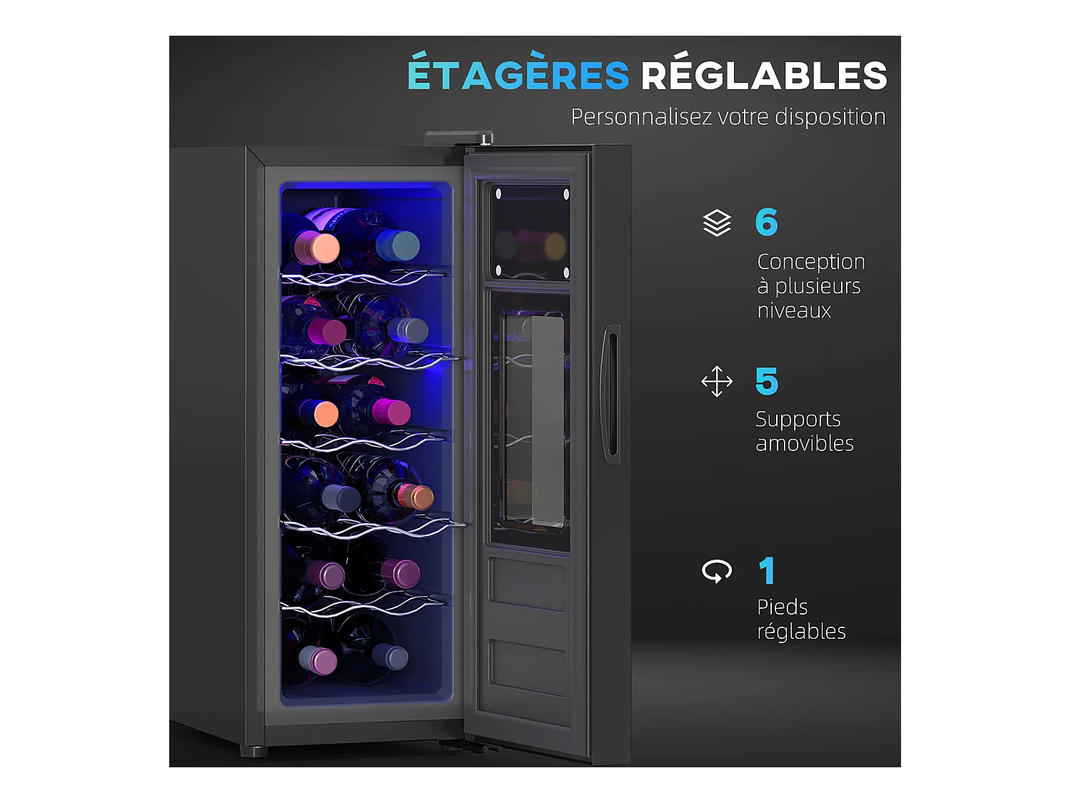 Cave à vin 12 bouteilles 30L thermoélectrique silencieuse - porte verre, éclairage LED, écran tactile numérique - noir