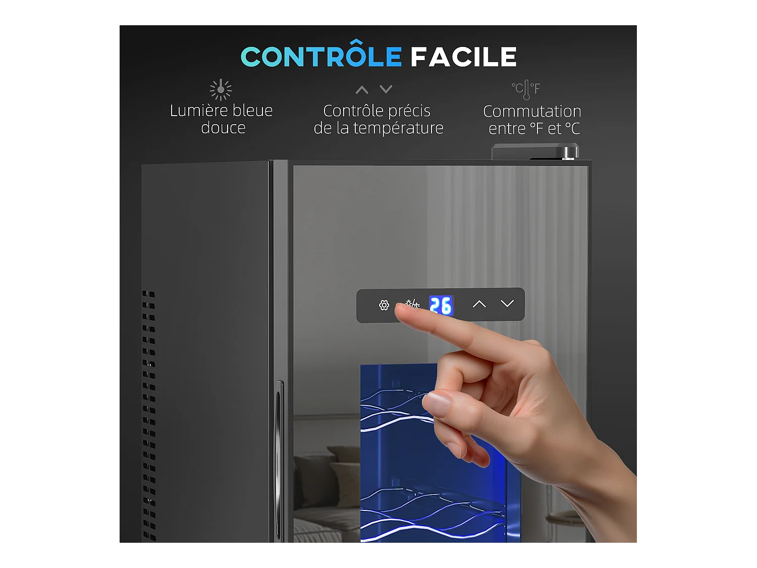 Cave à vin 12 bouteilles 30L thermoélectrique silencieuse - porte verre, éclairage LED, écran tactile numérique - noir