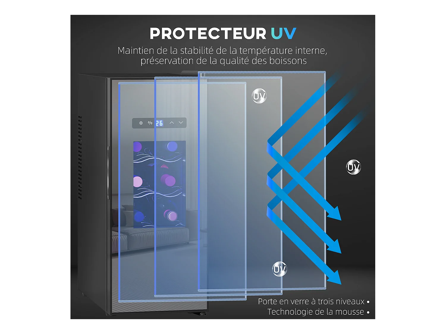 Cave à vin 12 bouteilles 30L thermoélectrique silencieuse - porte verre, éclairage LED, écran tactile numérique - noir