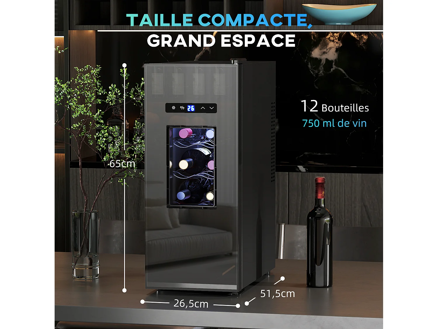 Cave à vin 12 bouteilles 30L thermoélectrique silencieuse - porte verre, éclairage LED, écran tactile numérique - noir