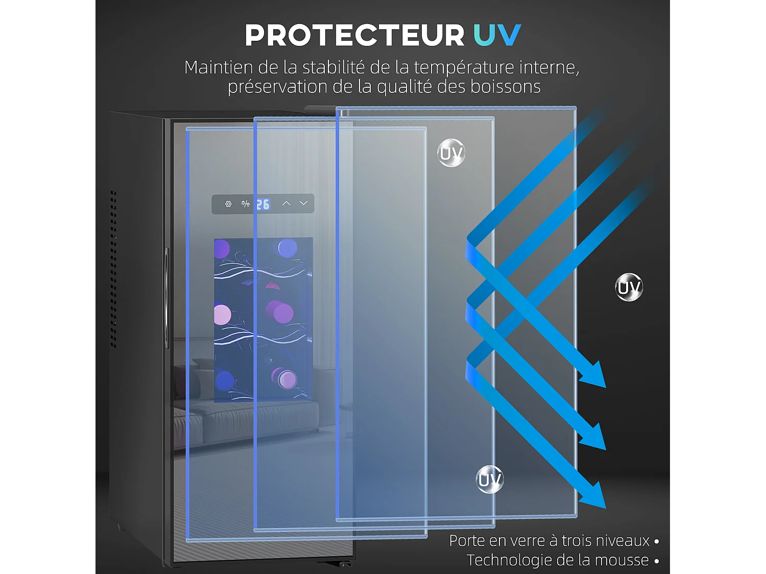 Cave à vin 12 bouteilles 30L thermoélectrique silencieuse - porte verre, éclairage LED, écran tactile numérique - noir