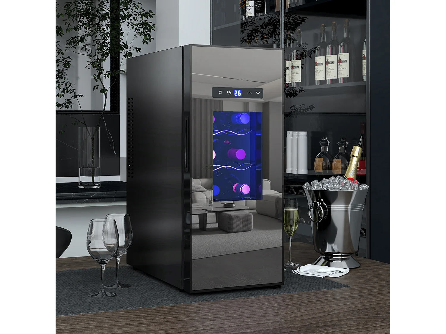 Cave à vin 12 bouteilles 30L thermoélectrique silencieuse - porte verre, éclairage LED, écran tactile numérique - noir