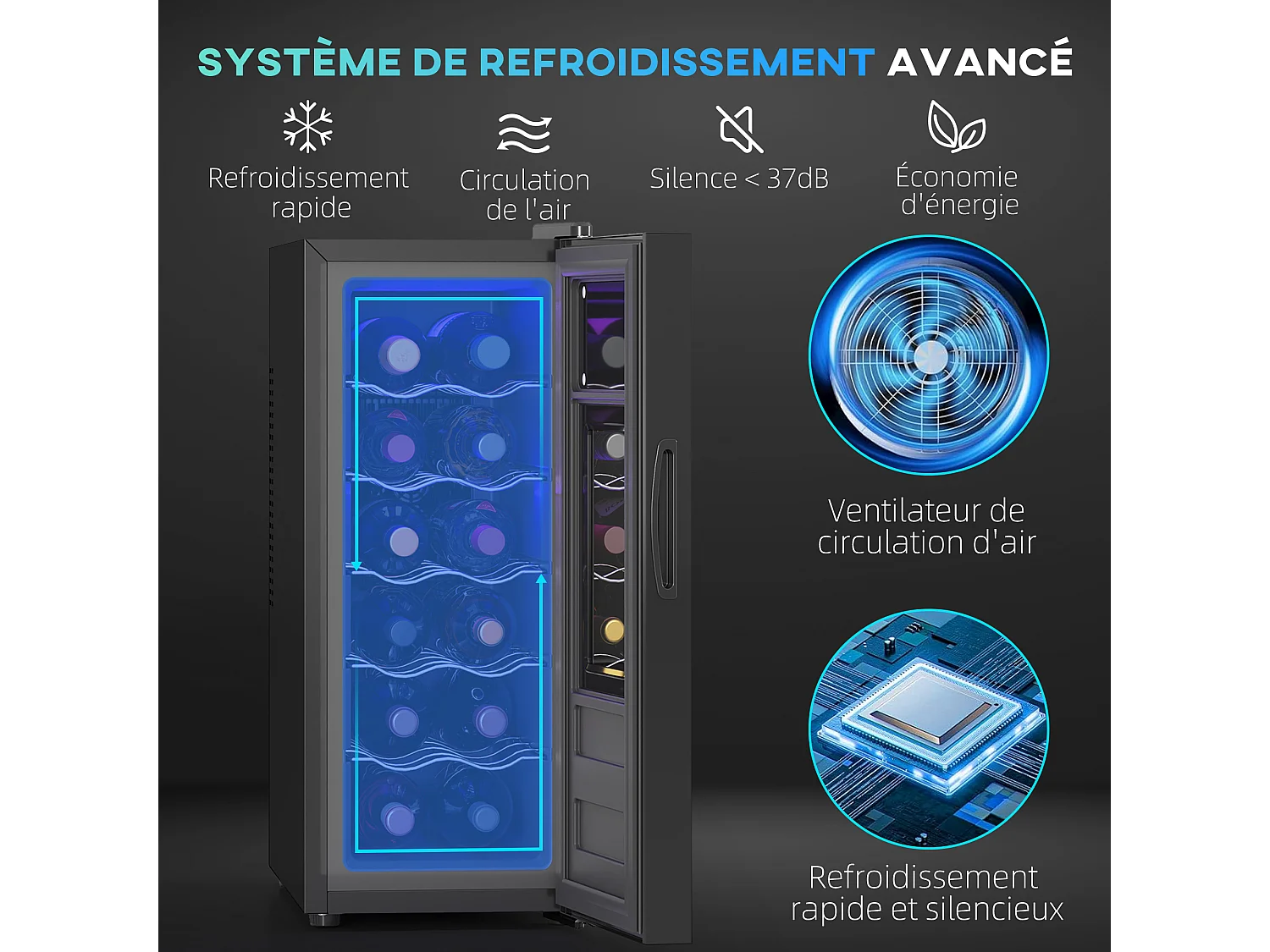 Cave à vin 12 bouteilles 30L thermoélectrique silencieuse - porte verre, éclairage LED, écran tactile numérique - noir