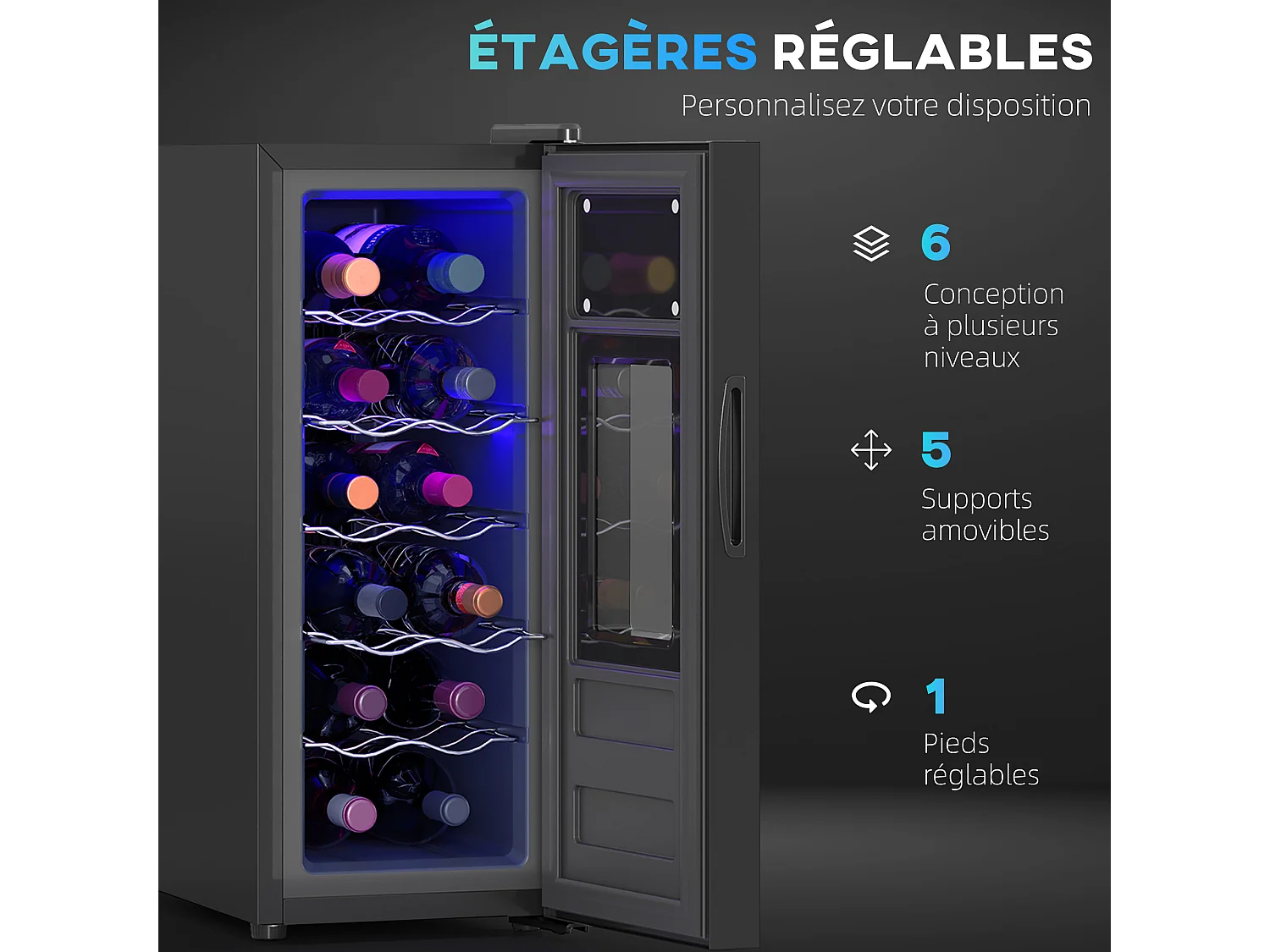 Cave à vin 12 bouteilles 30L thermoélectrique silencieuse - porte verre, éclairage LED, écran tactile numérique - noir