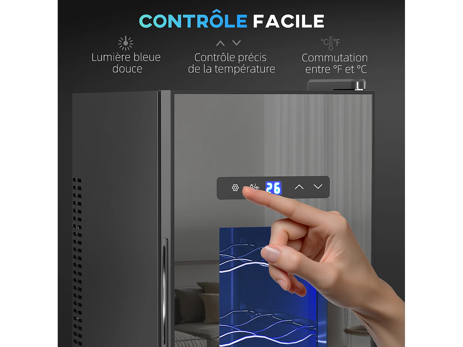 Cave à vin 12 bouteilles 30L thermoélectrique silencieuse - porte verre, éclairage LED, écran tactile numérique - noir