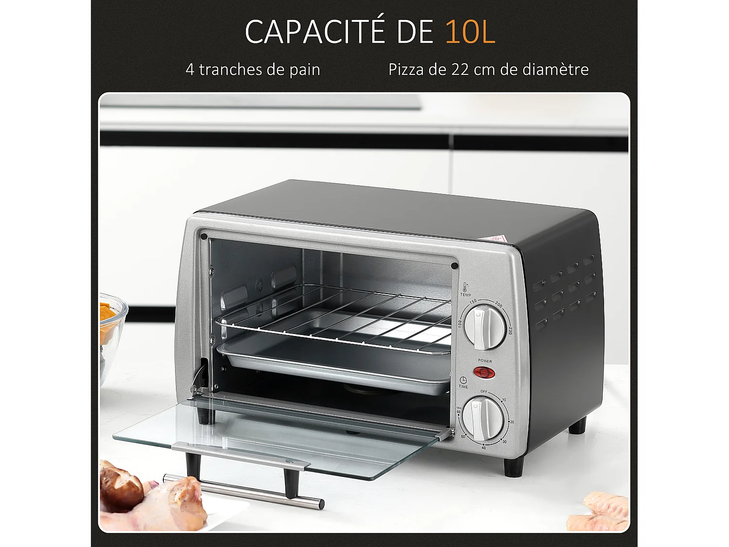 Mini four électrique 750W 10L - grille, plateau - température réglable 100-230°C, timer - noir argent