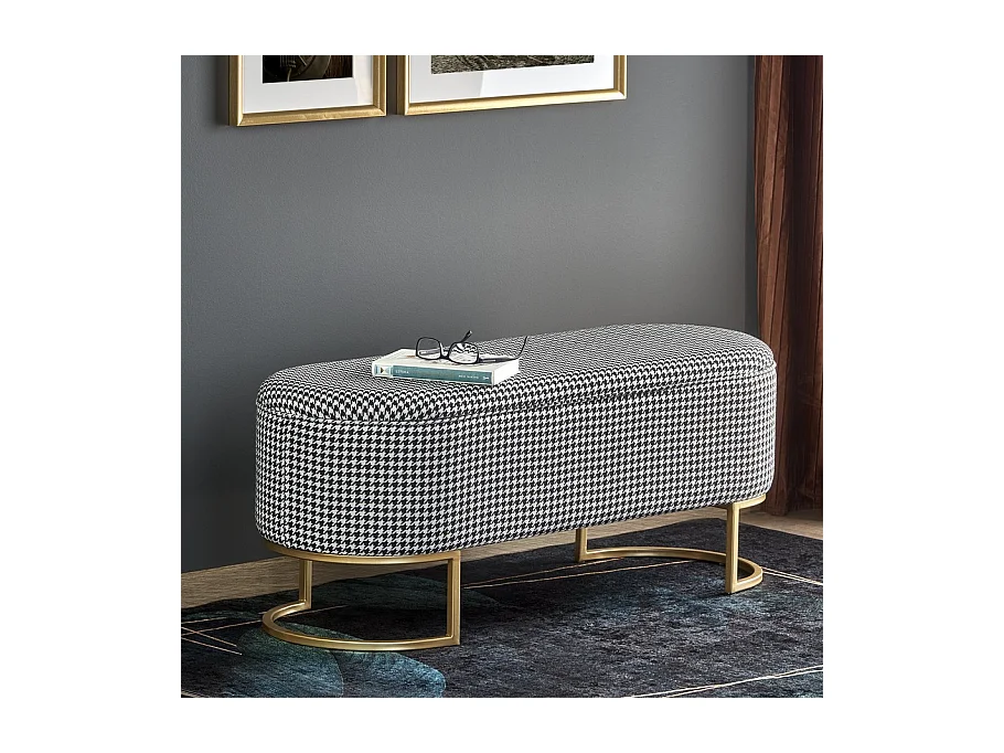 Bout de lit en tissu pied de poule avec coffre et pieds dorés Lys