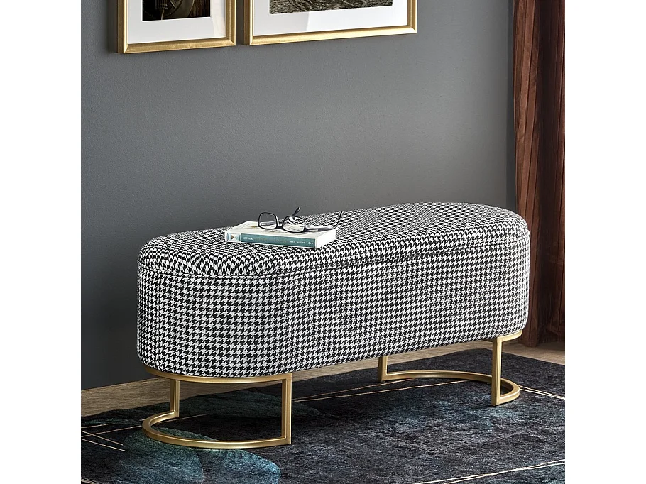 Bout de lit en tissu pied de poule avec coffre et pieds dorés Lys