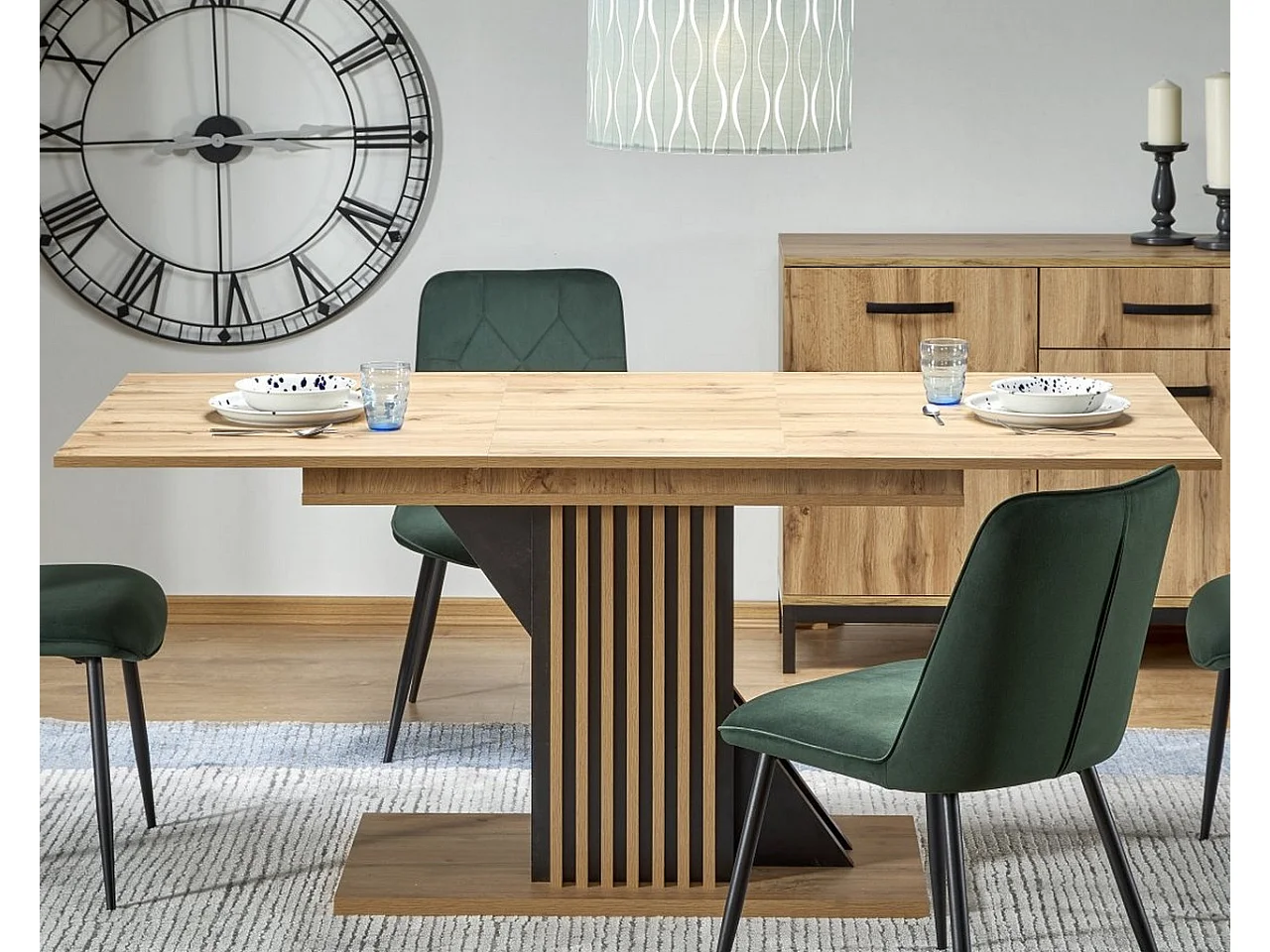 Mesa extensible 135-175 cm negra y madera con lamas Lazare