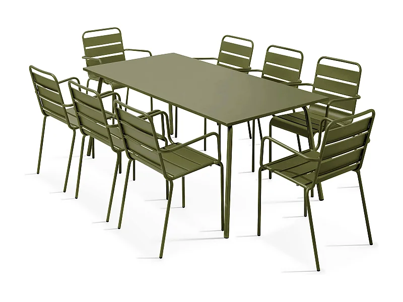 Ensemble table de jardin et 8 fauteuils en métal Vert Kaki - Palavas