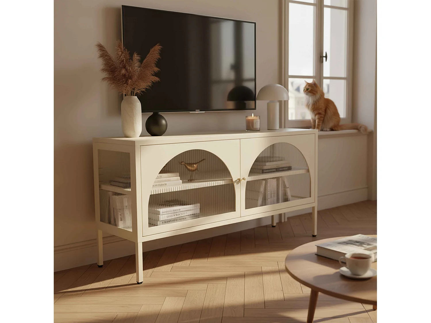 Meuble TV moderne 2 portes L115 cm en métal écru