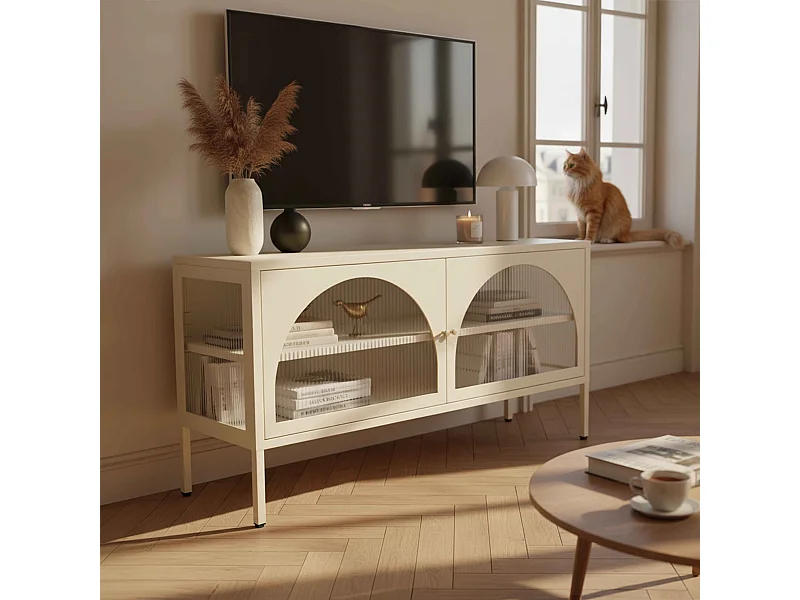 Meuble TV moderne 2 portes L115 cm en métal écru