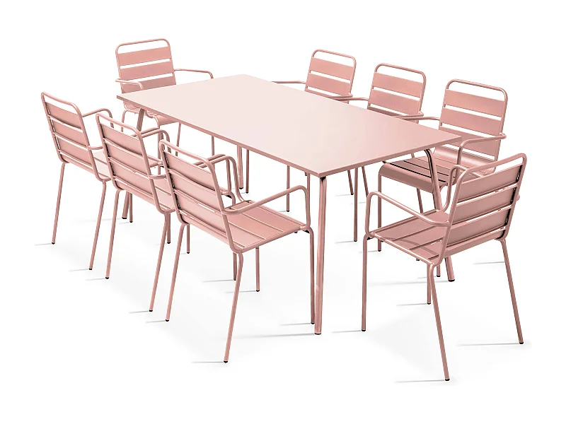 Ensemble table de jardin et 8 fauteuils en métal Rose poudré - Palavas
