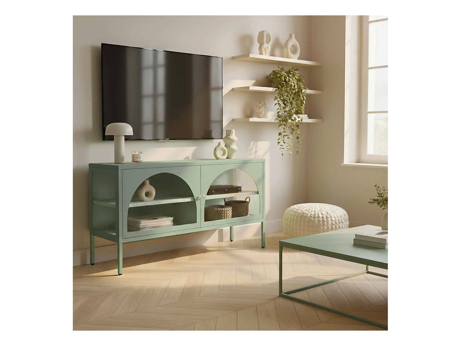 Meuble TV moderne 2 portes L115 cm en métal vert sauge