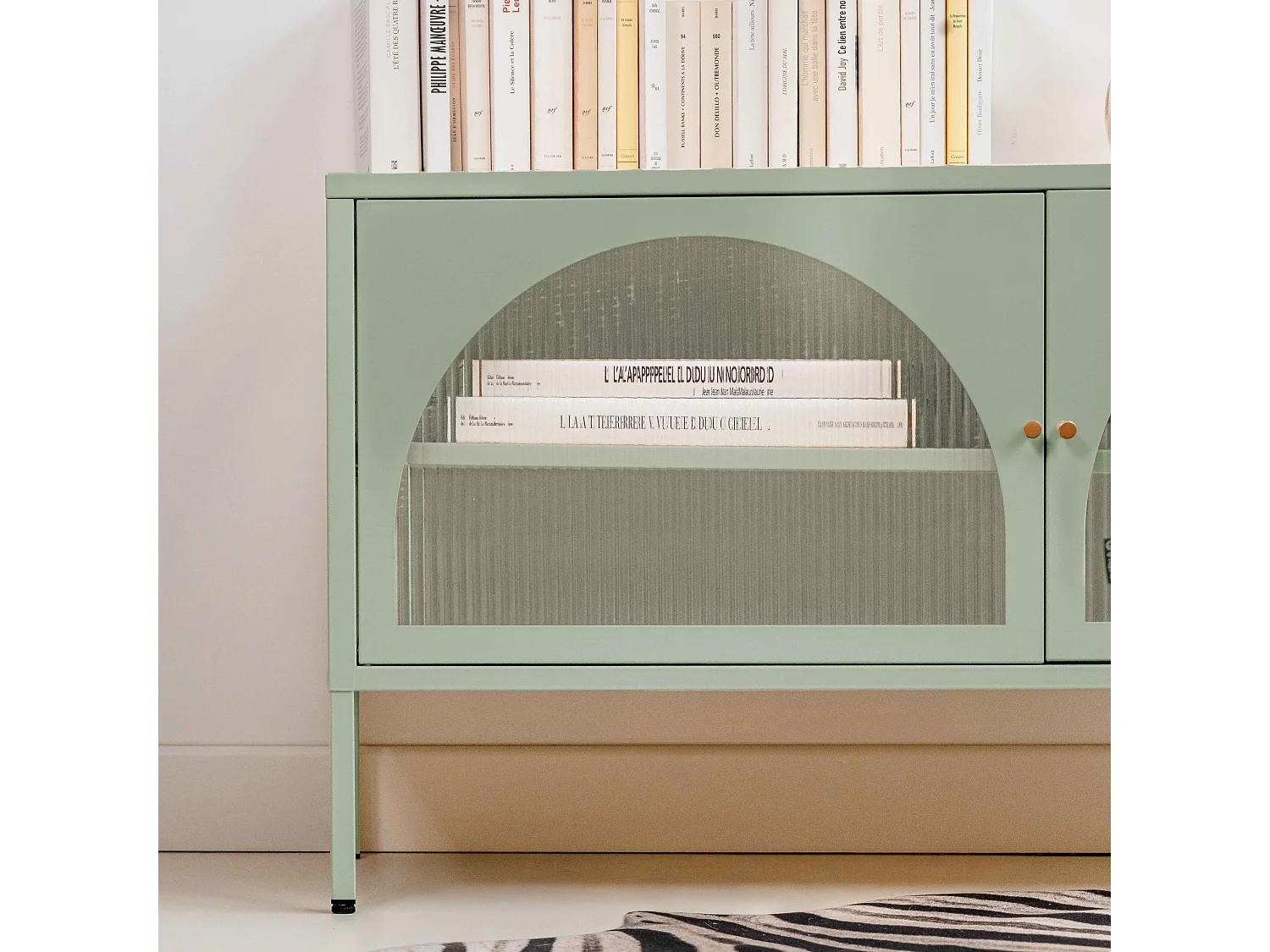 Meuble TV moderne 2 portes L115 cm en métal vert sauge