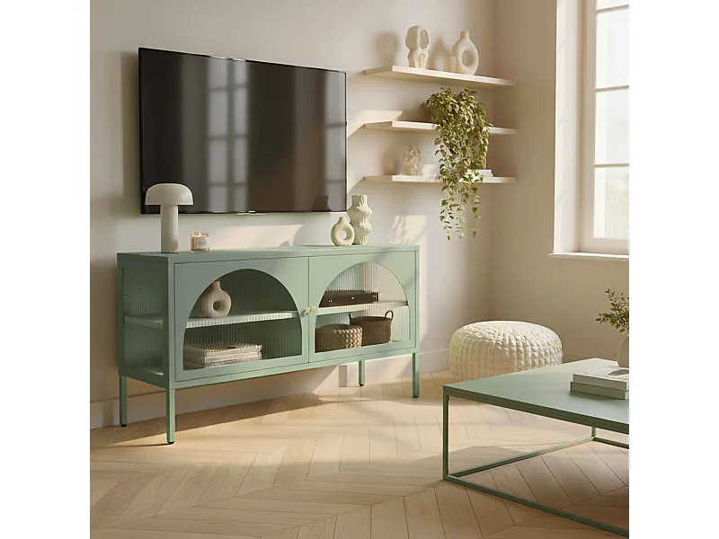 Meuble TV moderne 2 portes L115 cm en métal vert sauge