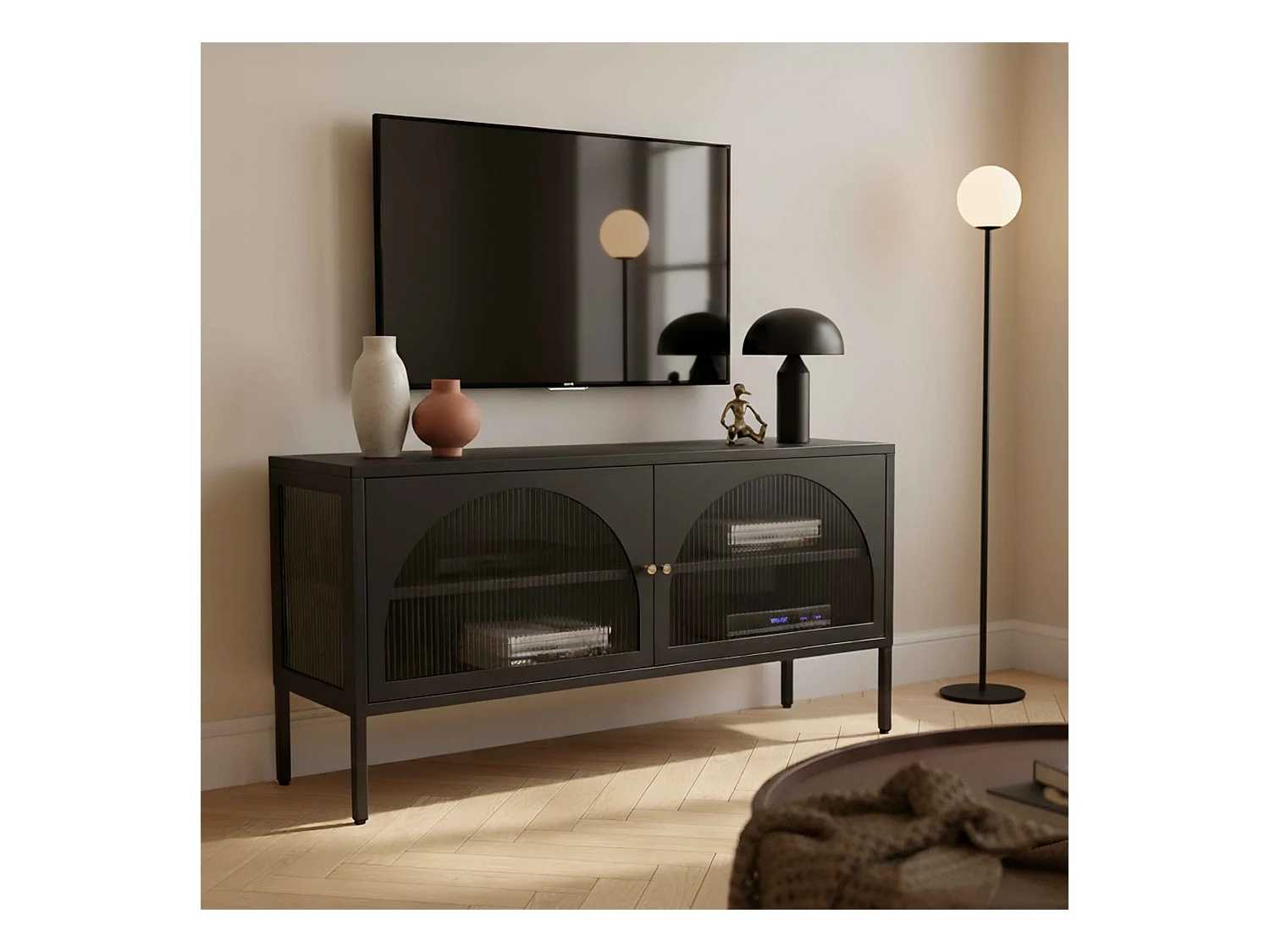 Meuble TV moderne 2 portes L115 cm en métal noir