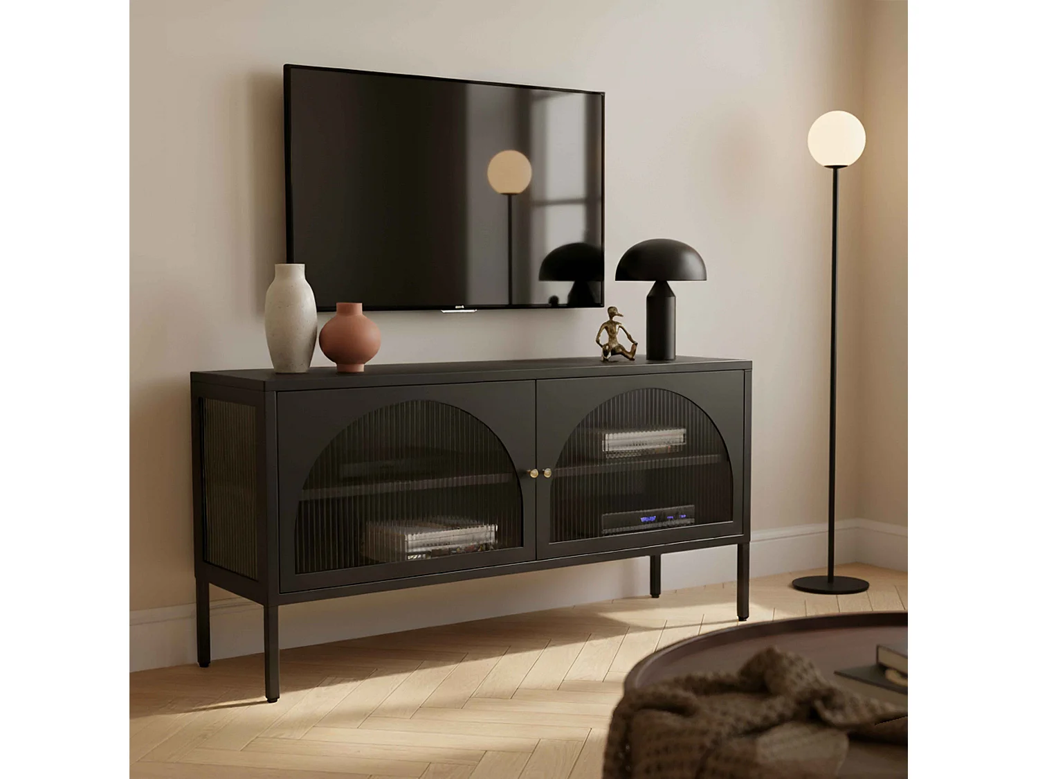 Meuble TV moderne 2 portes L115 cm en métal noir