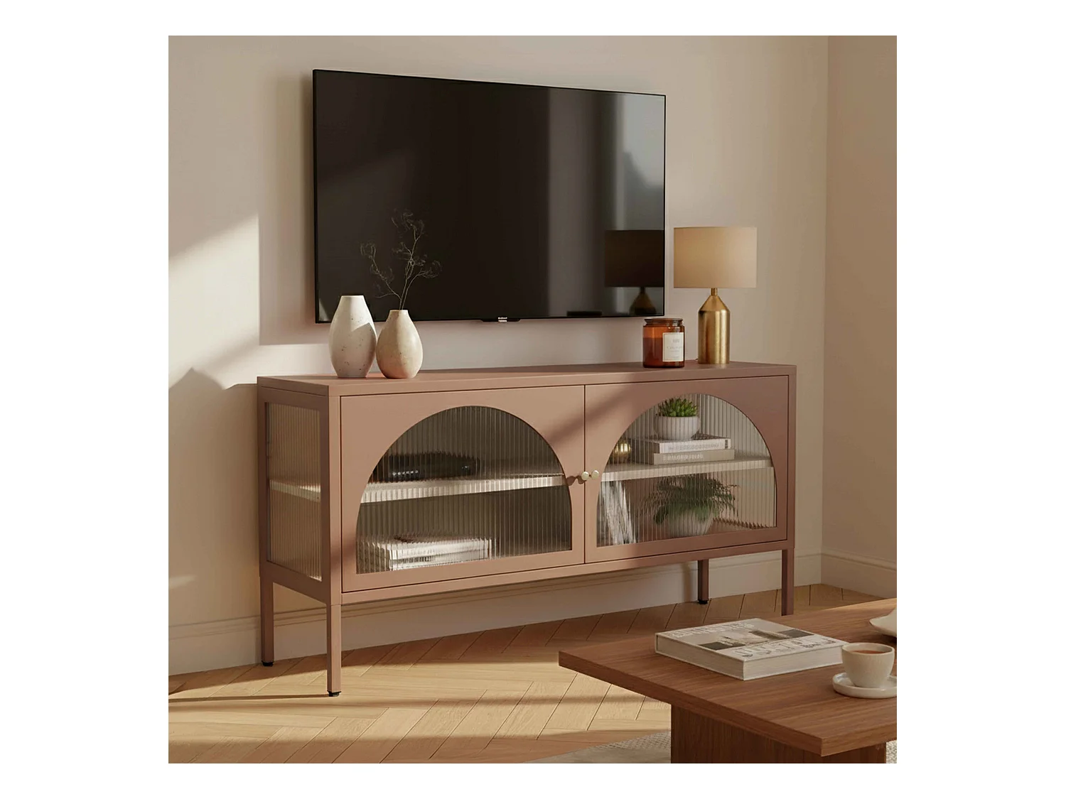 Meuble TV moderne 2 portes L115 cm en métal marron