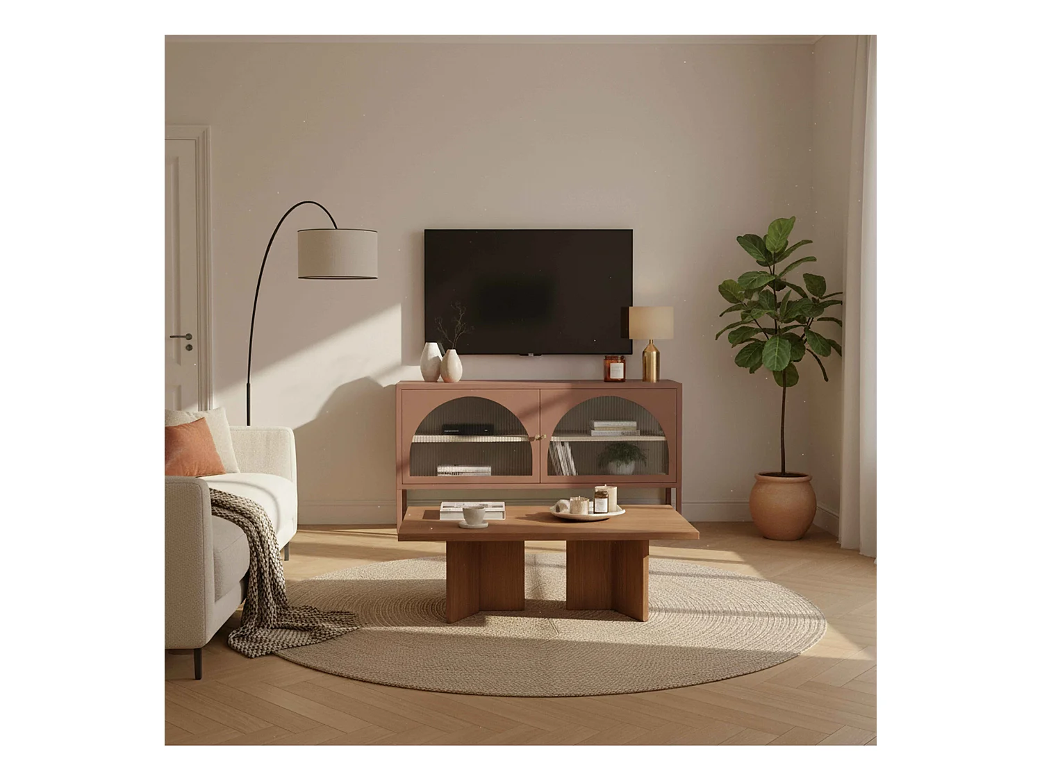 Meuble TV moderne 2 portes L115 cm en métal marron