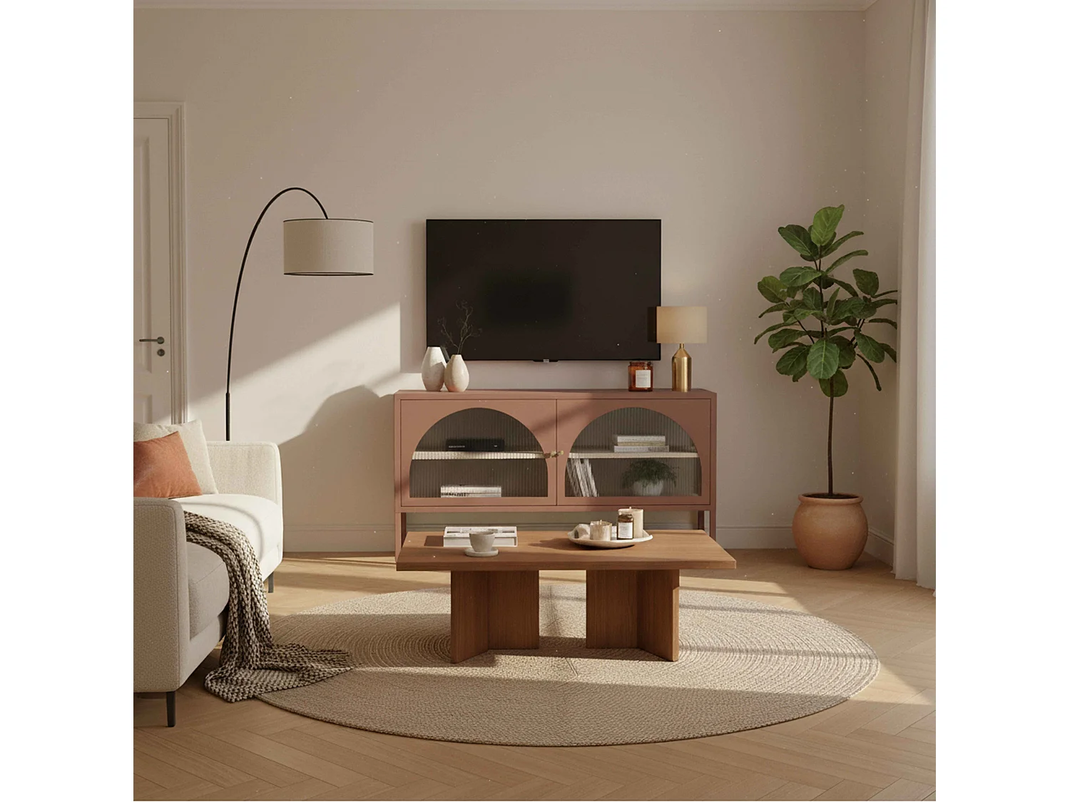Meuble TV moderne 2 portes L115 cm en métal marron