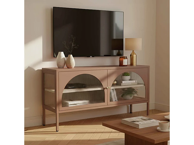 Meuble TV moderne 2 portes L115 cm en métal marron