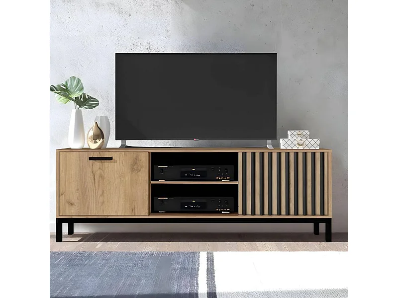Porta TV 180 cm nero e legno con doghe Lazare
