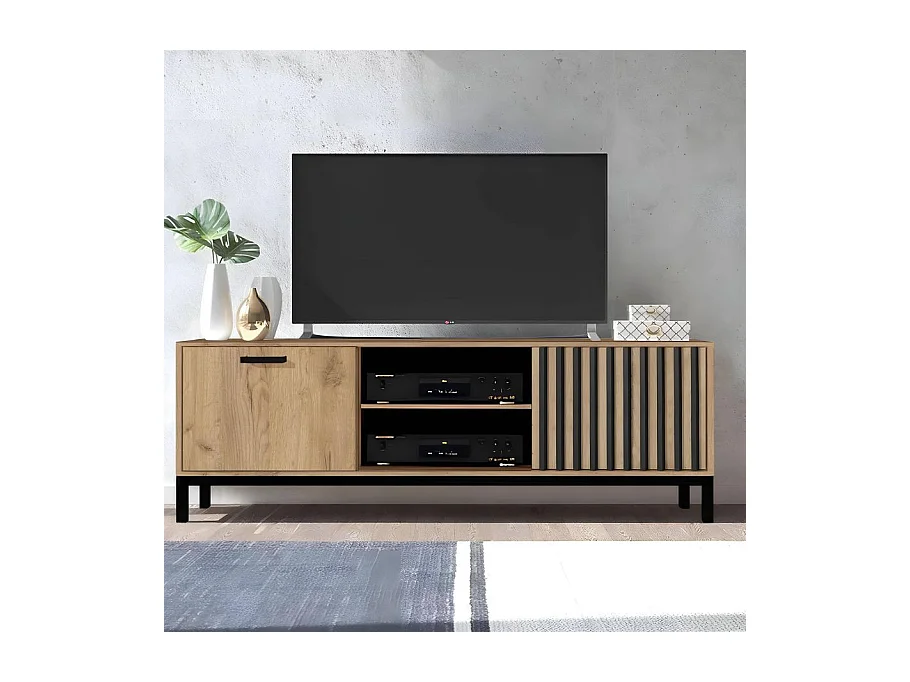 Porta TV 180 cm nero e legno con doghe Lazare