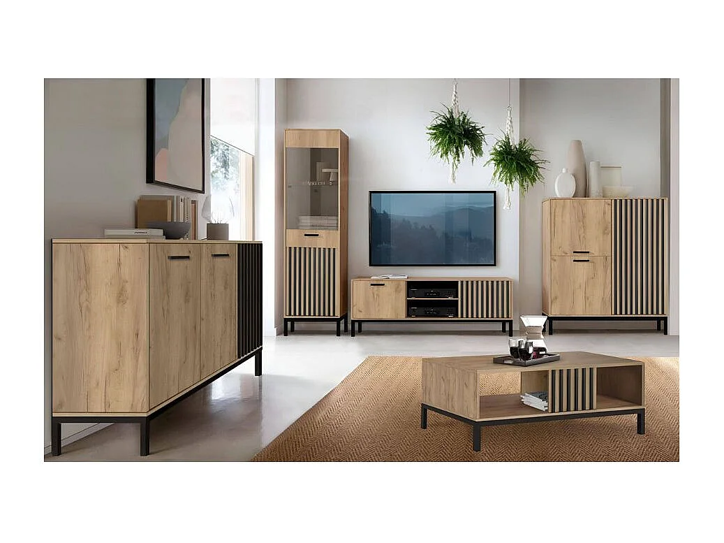 Porta TV 180 cm nero e legno con doghe Lazare