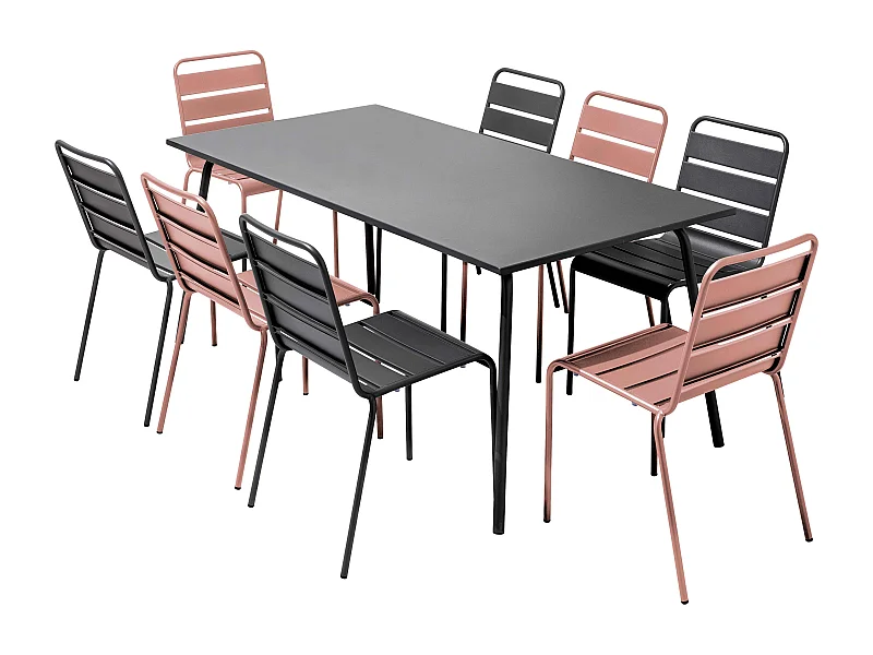 Tuinset met tafel en 8 stoelen in roze metaal