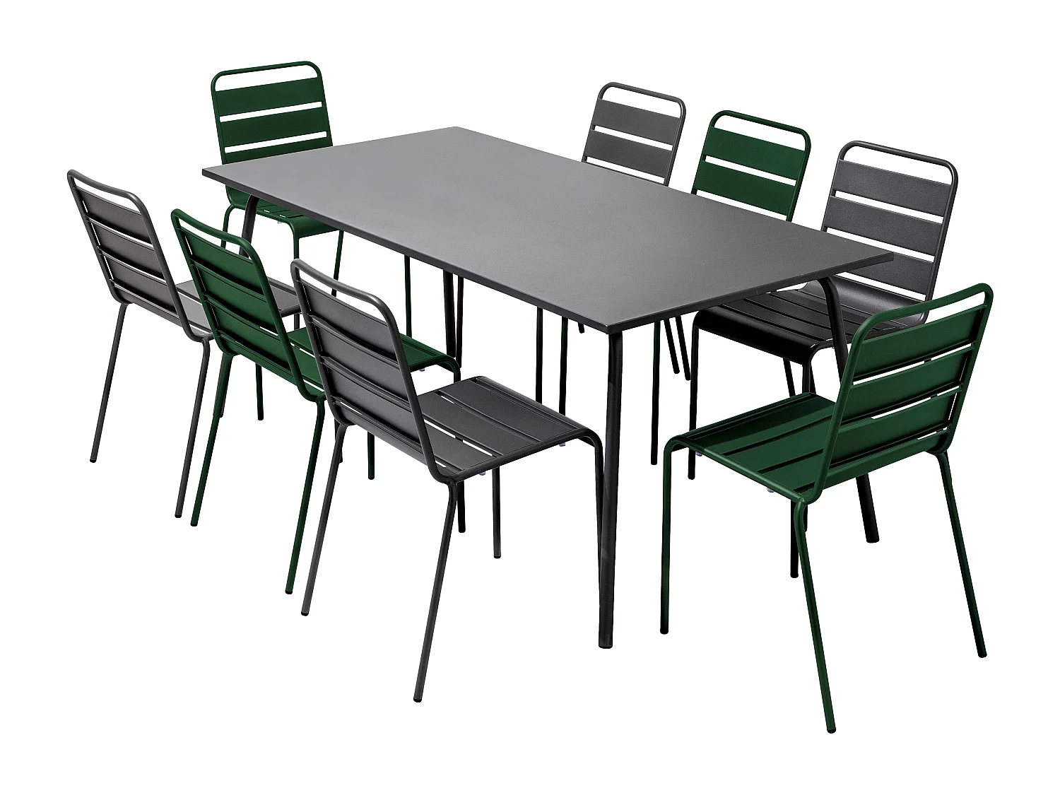 Ensemble table de jardin et 8 chaises en métal gris et vert forêt - Palavas