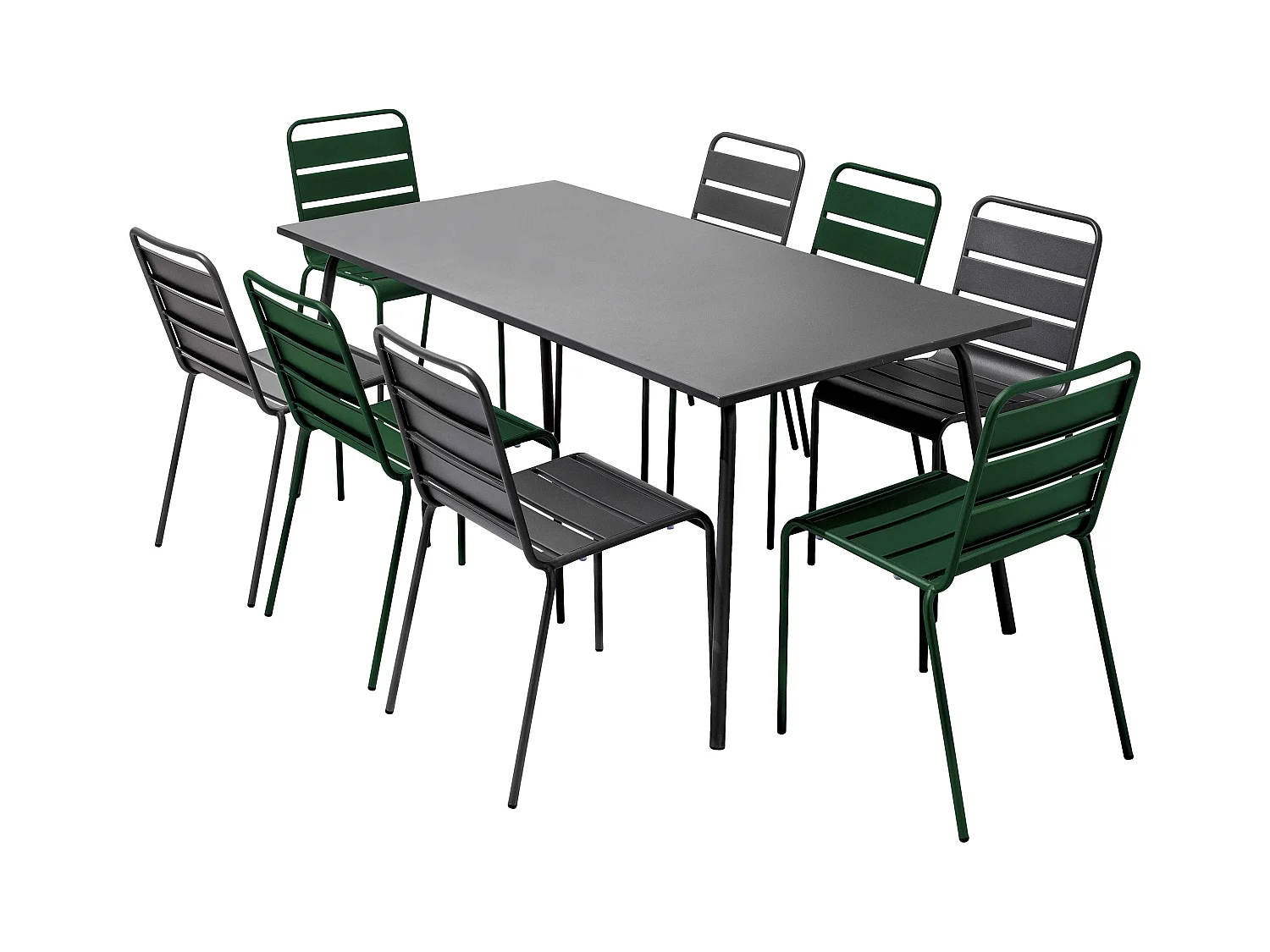 Ensemble table de jardin et 8 chaises en métal gris et vert forêt - Palavas