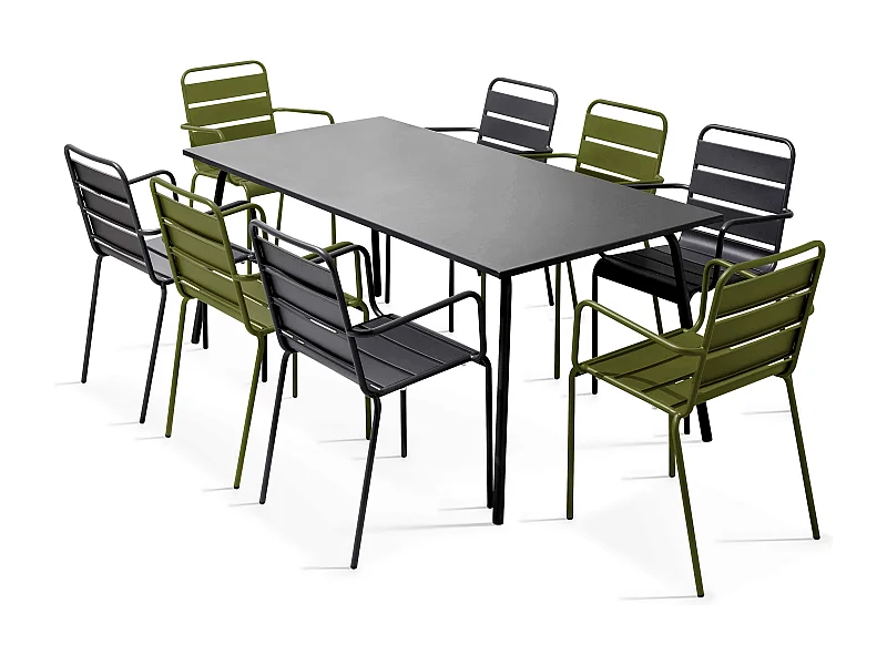 Ensemble table de jardin et 8 fauteuils en métal Vert Kaki - Palavas
