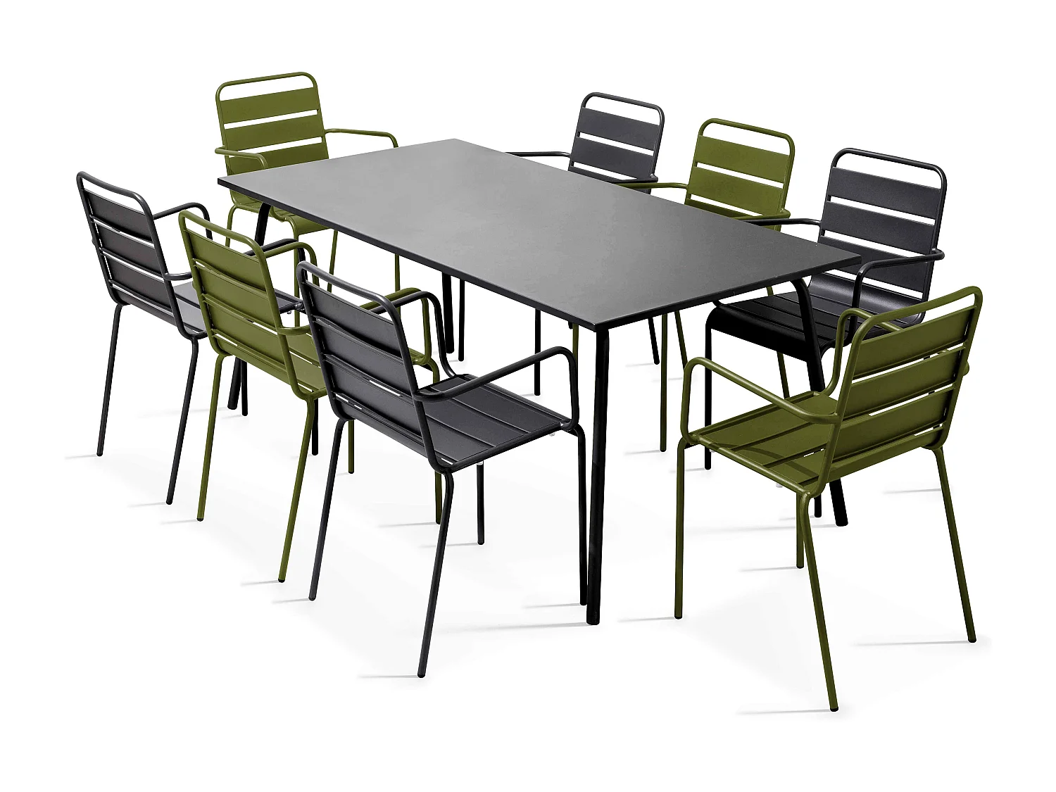 Ensemble table de jardin et 8 fauteuils en métal Vert Kaki - Palavas