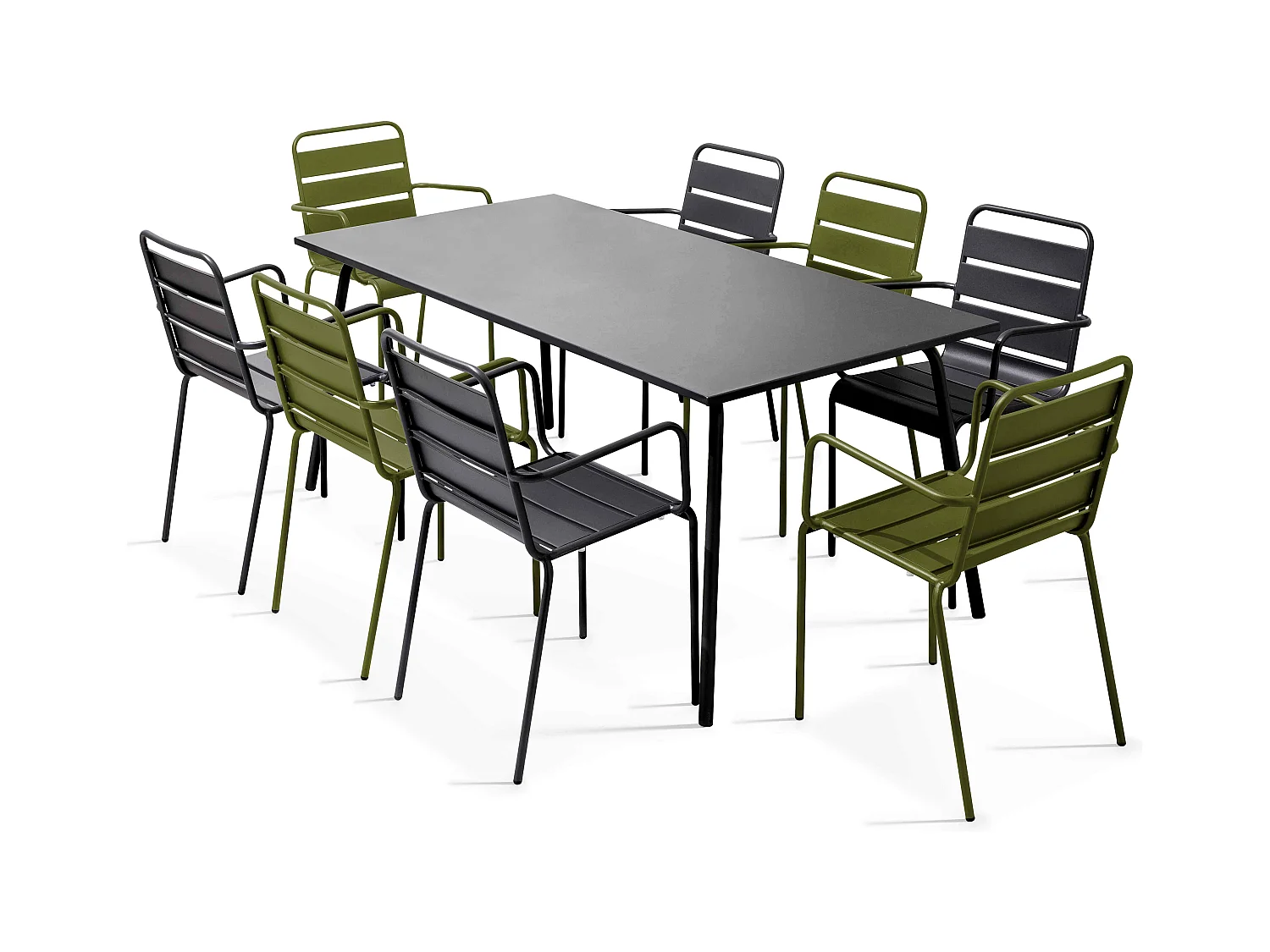Ensemble table de jardin et 8 fauteuils en métal Vert Kaki - Palavas