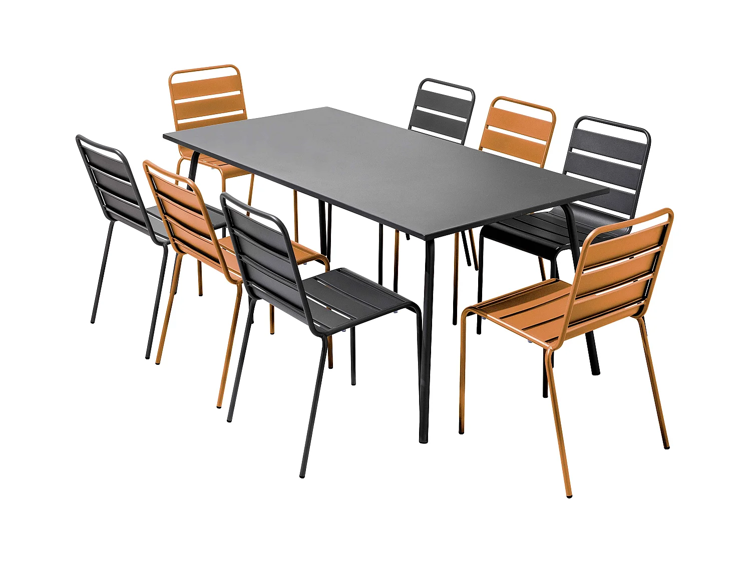 Ensemble table de jardin et 8 chaises en métal gris et caramel - Palavas