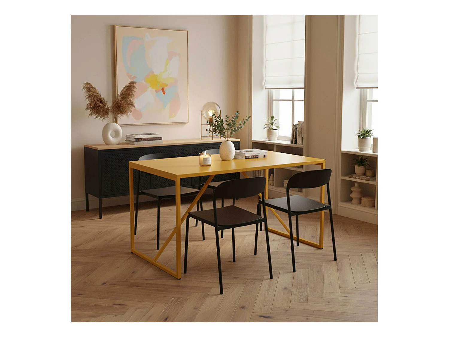 Table à manger rectangulaire 4 places en acier jaune